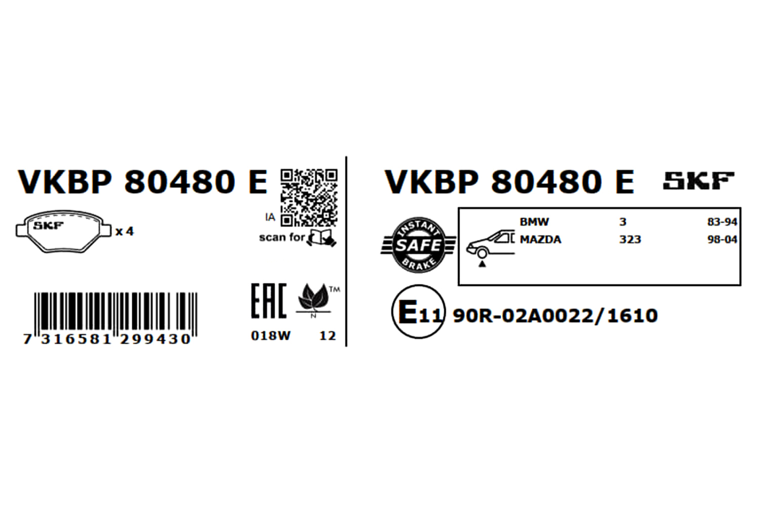Комплект тормозных колодок, дисковый тормоз - VKBP 80480 E SKF